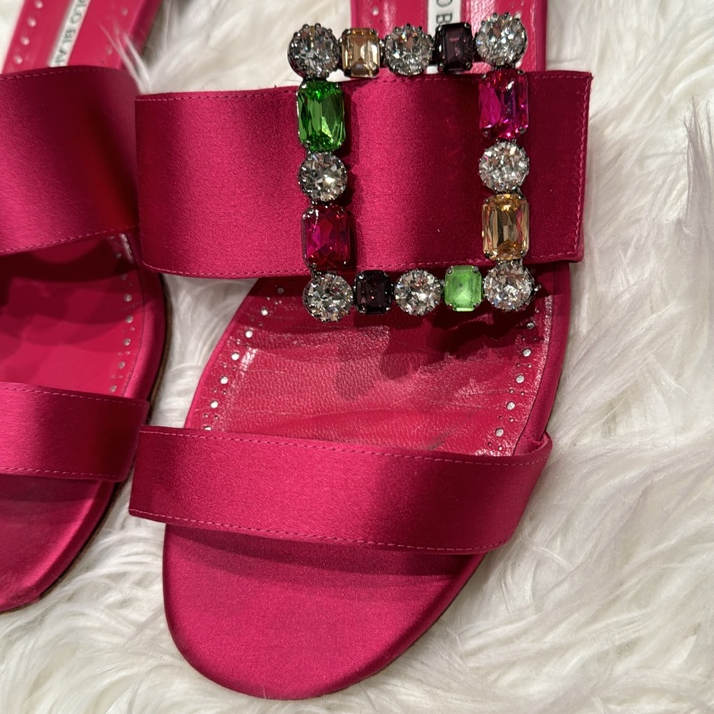Manolo Blahnik dark pink double strap satin sandals with jewel buckle size 41 - Picture 2 of 10